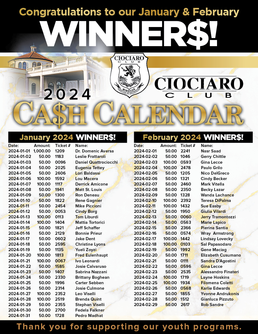 2024 CASH CALENDAR Youth & Culture Ciociaro Club Weddings