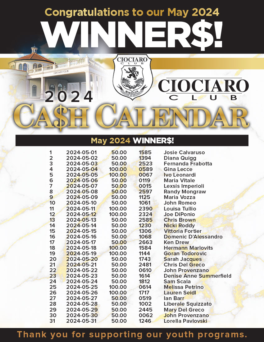 2024 CASH CALENDAR Youth & Culture Ciociaro Club Weddings